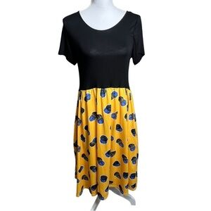 Enmain Dress Women's Medium Short Sleeve Midi Black Yellow Stretch